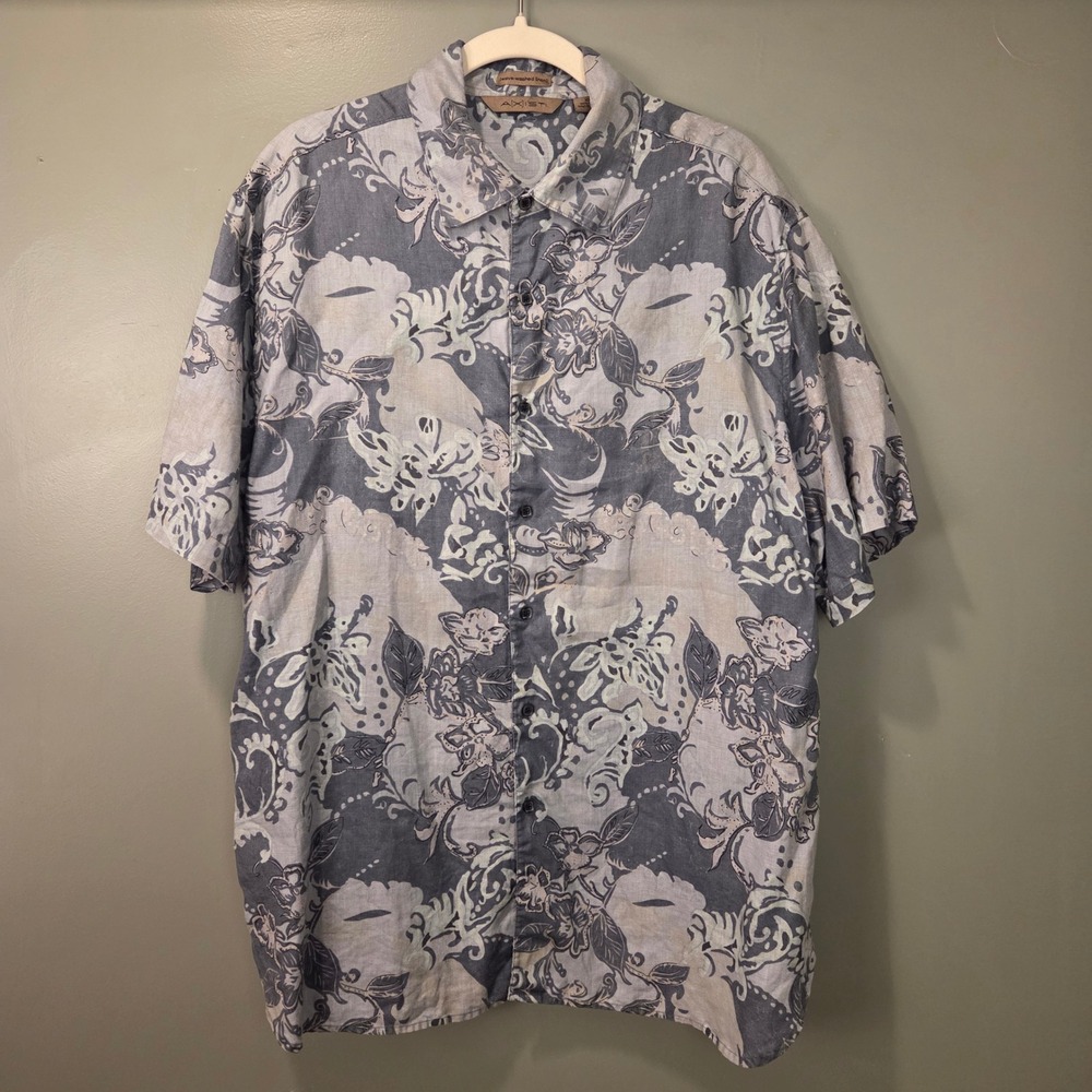 Axist Men's 100% Linen Short Sleeve Button Up Shirt Size XL Blue Floral Tropical